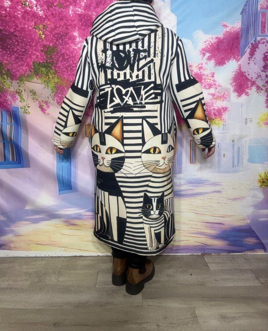 Manteau à capuche long Néoprène noir rayé blanc Les Chats du 36 au 46 et même + porté ouvert