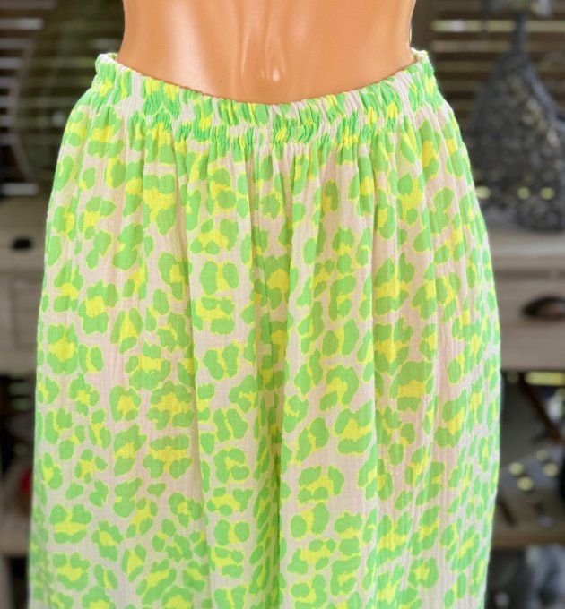 pantalon gaze de coton Léopard vert fluo + jaune fluo + blanc douceur ++++ du 42 au 50/52