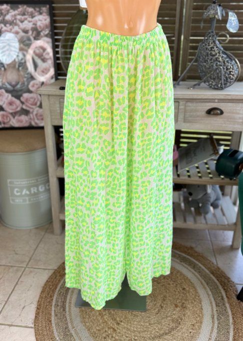pantalon gaze de coton Léopard vert fluo + jaune fluo + blanc douceur ++++ du 42 au 50/52