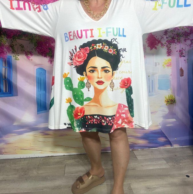 Robe trapèze courte blanche ou maxi-tunique Beautiful Frida Kahlo du 42 au 56 