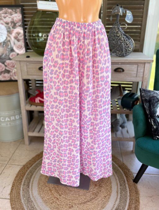 pantalon gaze de coton Léopard Lilas fluo + rose fluo + blanc douceur ++++ du 42 au 50/52