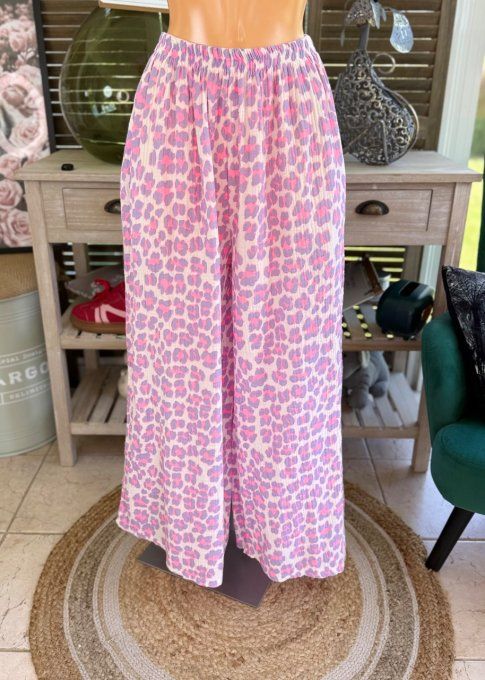 pantalon gaze de coton Léopard Lilas fluo + rose fluo + blanc douceur ++++ du 42 au 50/52