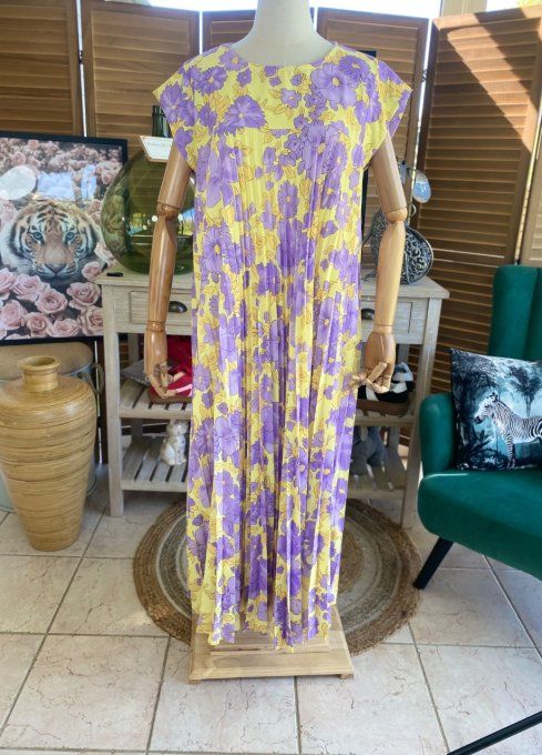 Robe ample longue plissée manches courtes Fleurs Printanières jaunes et Lilas du 38 au 48/50