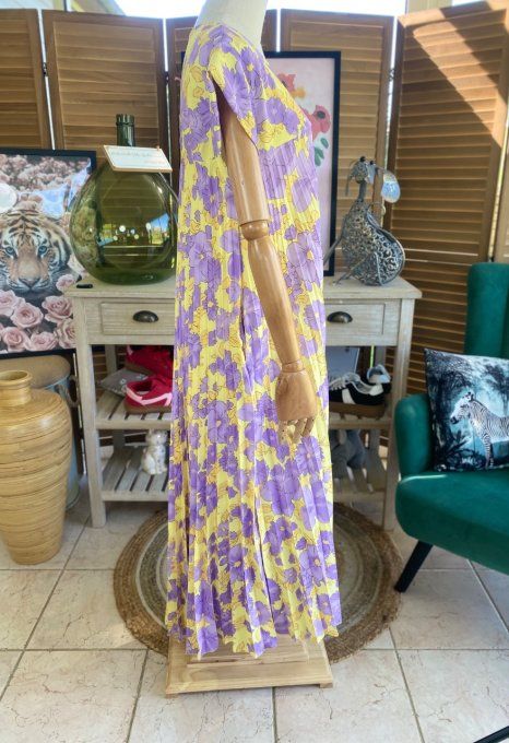 Robe ample longue plissée manches courtes Fleurs Printanières jaunes et Lilas du 38 au 48/50