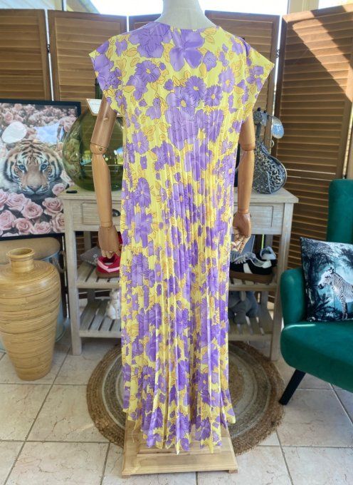 Robe ample longue plissée manches courtes Fleurs Printanières jaunes et Lilas du 38 au 48/50