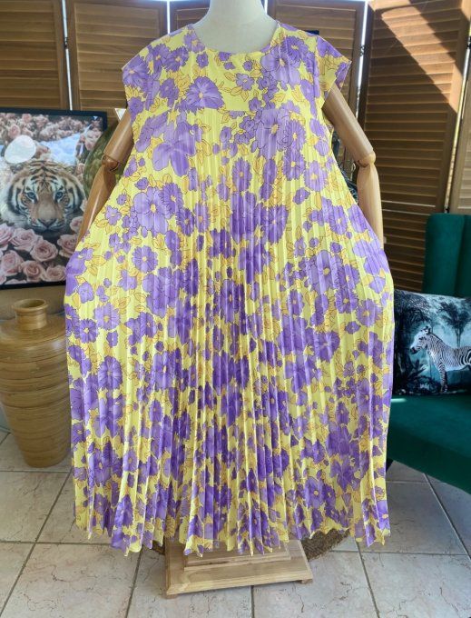 Robe ample longue plissée manches courtes Fleurs Printanières jaunes et Lilas du 38 au 48/50