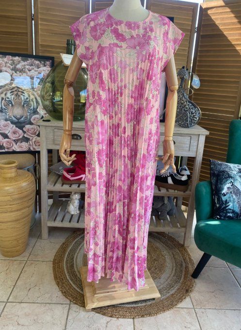 Robe ample longue plissée manches courtes Fleurs Printanières fuschia et rose poudré du 38 au 48/50
