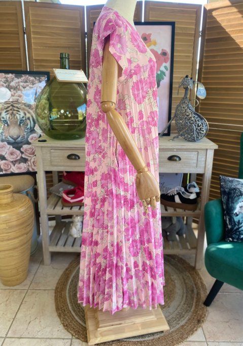 Robe ample longue plissée manches courtes Fleurs Printanières fuschia et rose poudré du 38 au 48/50