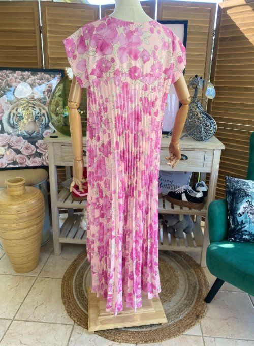 Robe ample longue plissée manches courtes Fleurs Printanières fuschia et rose poudré du 38 au 48/50