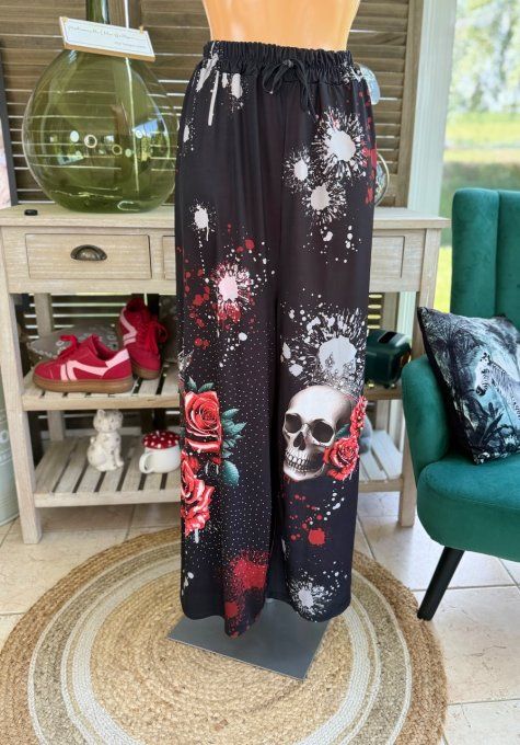 pantalon Palazzo noir King Skulls & Red Roses perles et strass confort +++ du 40 au 50/52