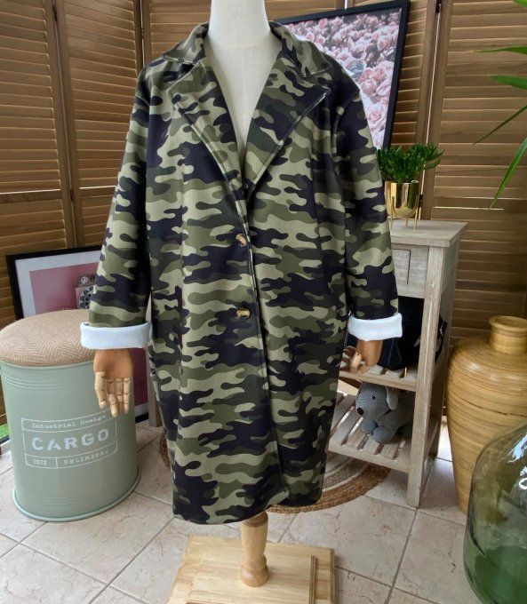 Manteau sans laine mi-long droit ample Military du 40 au 48 et même +