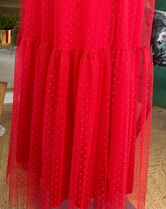 Fond de robe long tulle rouge et plumetis  bretelles réglables du 38 au 46/48 