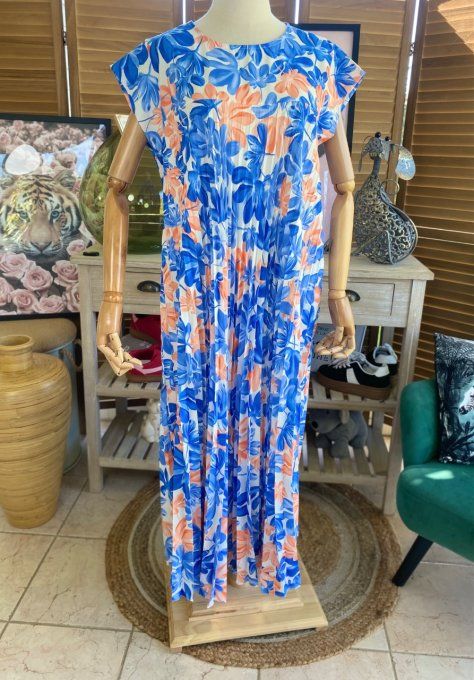 Robe ample longue plissée manches courtes Fleurs Printanières bleu royal & orange du 38 au 48/50 