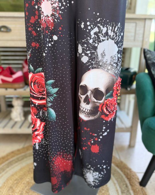 pantalon Palazzo noir King Skulls & Red Roses perles et strass confort +++ du 40 au 50/52
