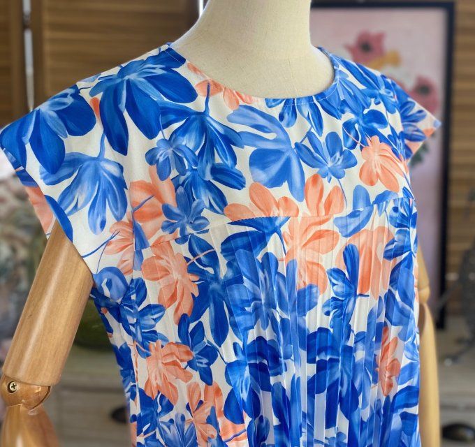 Robe ample longue plissée manches courtes Fleurs Printanières bleu royal & orange du 38 au 48/50 
