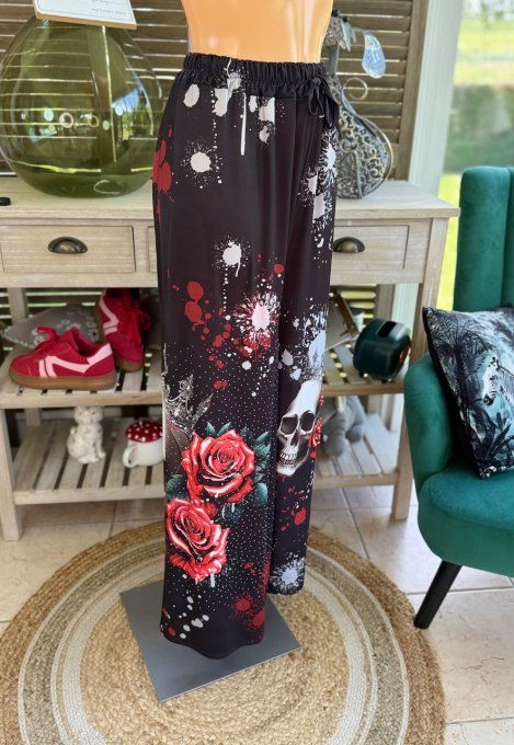 pantalon Palazzo noir King Skulls & Red Roses perles et strass confort +++ du 40 au 50/52