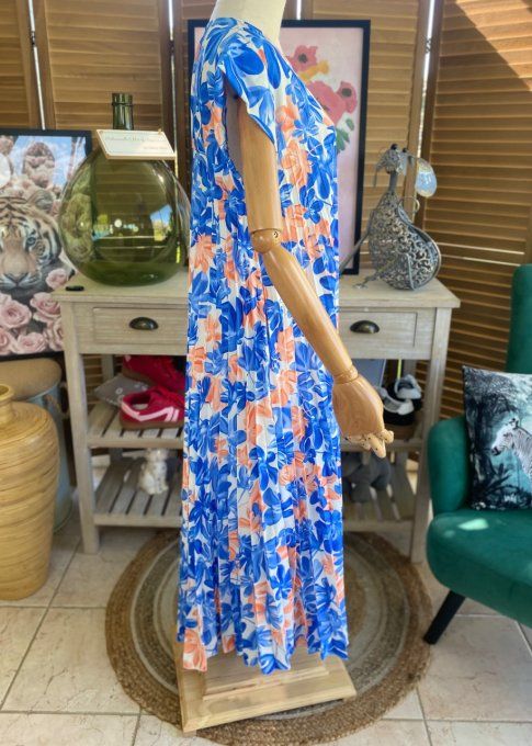 Robe ample longue plissée manches courtes Fleurs Printanières bleu royal & orange du 38 au 48/50 