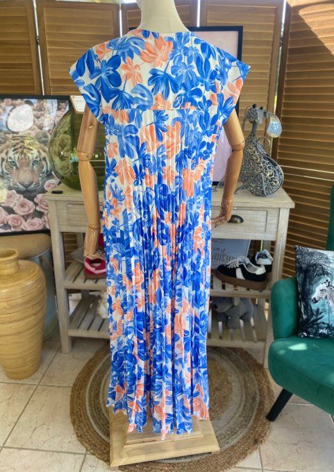 Robe ample longue plissée manches courtes Fleurs Printanières bleu royal & orange du 38 au 48/50 