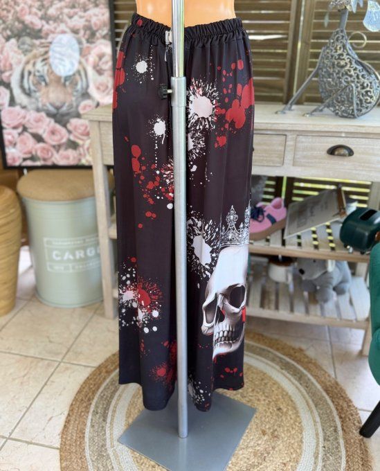 pantalon Palazzo noir King Skulls & Red Roses perles et strass confort +++ du 40 au 50/52