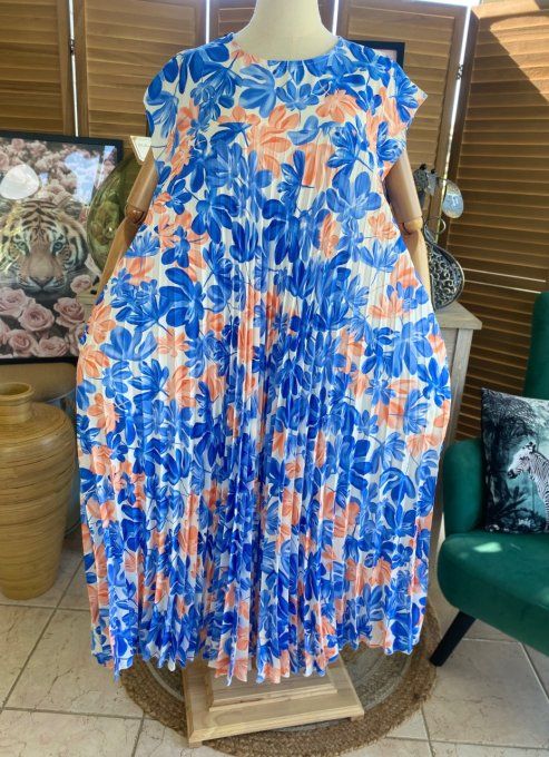 Robe ample longue plissée manches courtes Fleurs Printanières bleu royal & orange du 38 au 48/50 