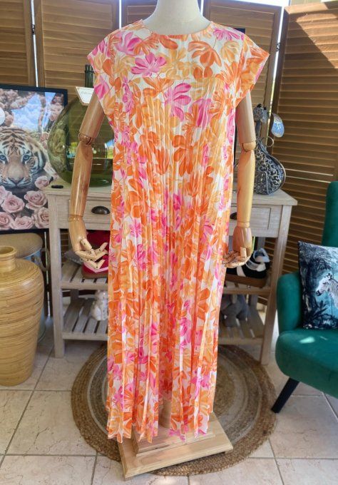 Robe ample longue plissée manches courtes Fleurs Printanières orange & rose du 38 au 48/50