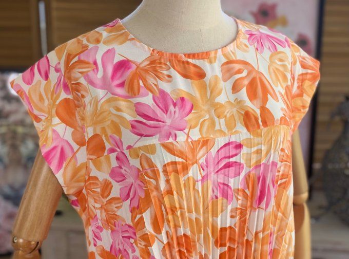 Robe ample longue plissée manches courtes Fleurs Printanières orange & rose du 38 au 48/50