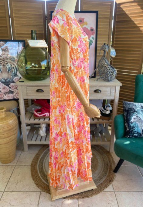Robe ample longue plissée manches courtes Fleurs Printanières orange & rose du 38 au 48/50