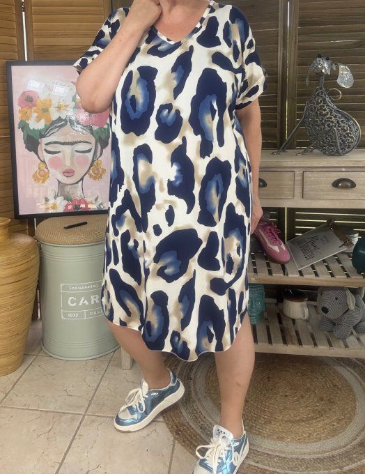 Robe courte droite marbrée léopard bleu  du 36 au 46/48