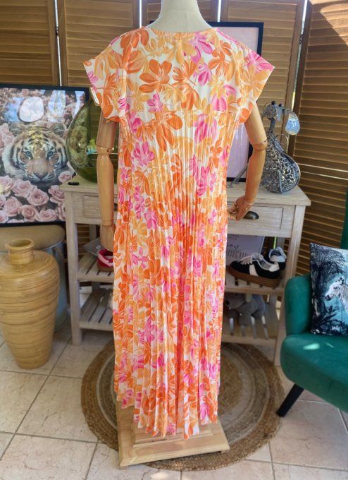 Robe ample longue plissée manches courtes Fleurs Printanières orange & rose du 38 au 48/50