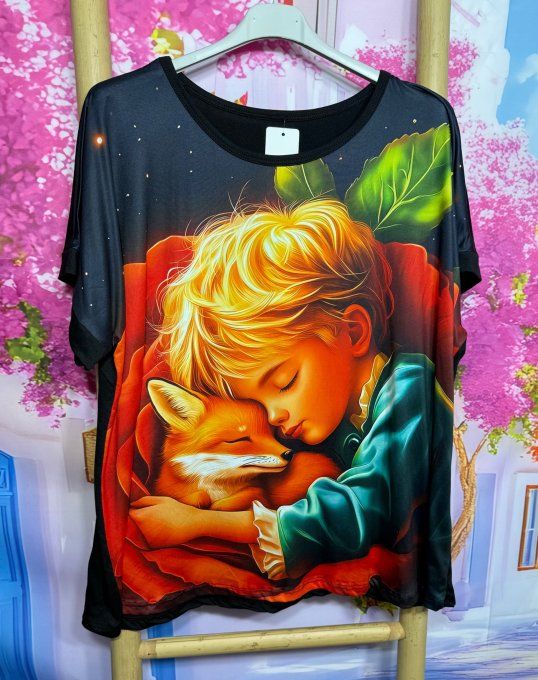 Tee-shirt ample noir manches courtes Le Petit Prince et le Renard du 40 au 50/52