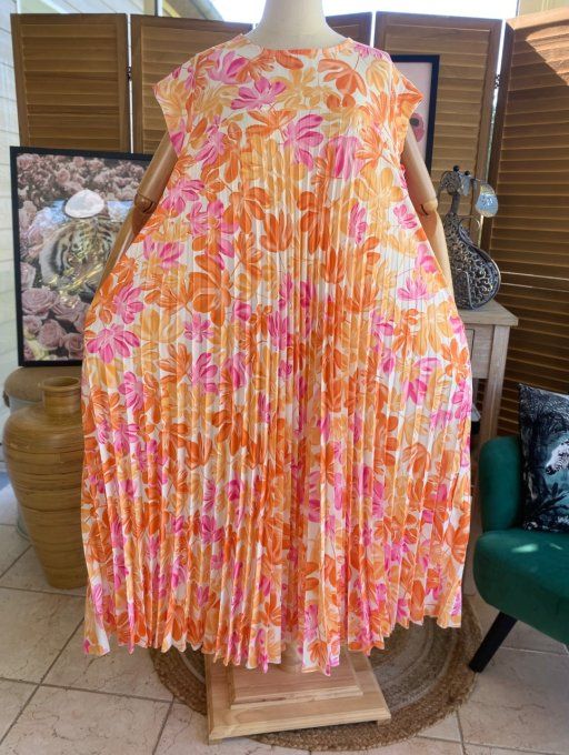 Robe ample longue plissée manches courtes Fleurs Printanières orange & rose du 38 au 48/50