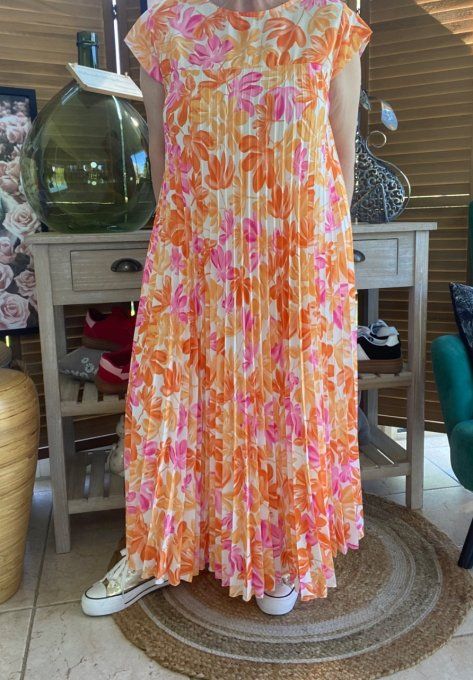 Robe ample longue plissée manches courtes Fleurs Printanières orange & rose du 38 au 48/50