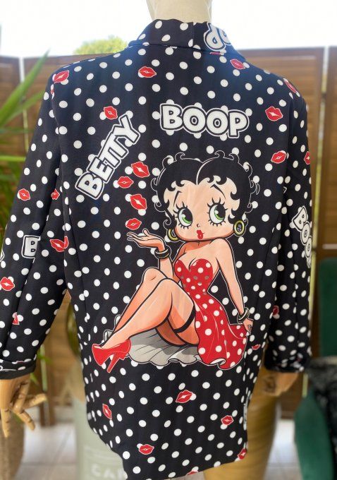 Veste blazer imprimée noire pois blancs Betty Boop du 38 au 46 et même + si portée entre-ouverte