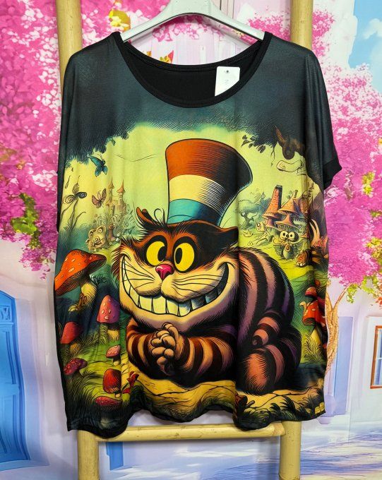 Tee-shirt ample noir manches courtes Cheshire Chat Alice au Pays des Merveilles du 40 au 50/52 