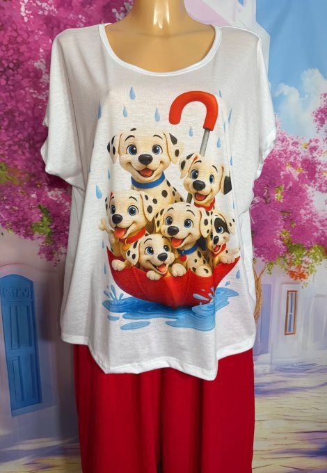 Tee-shirt ample blanc Les Dalmatiens dans le parapluie du 38 au 50/52