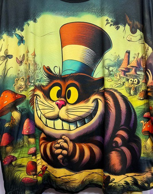 Tee-shirt ample noir manches courtes Cheshire Chat Alice au Pays des Merveilles du 40 au 50/52 