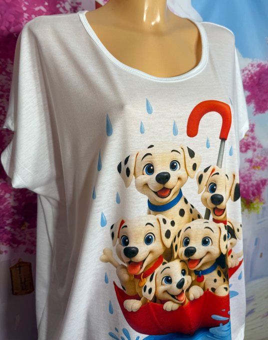 Tee-shirt ample blanc Les Dalmatiens dans le parapluie du 38 au 50/52