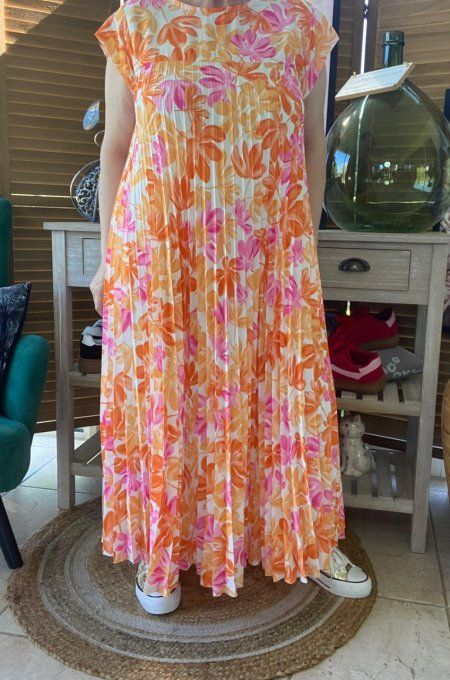 Robe ample longue plissée manches courtes Fleurs Printanières orange & rose du 38 au 48/50
