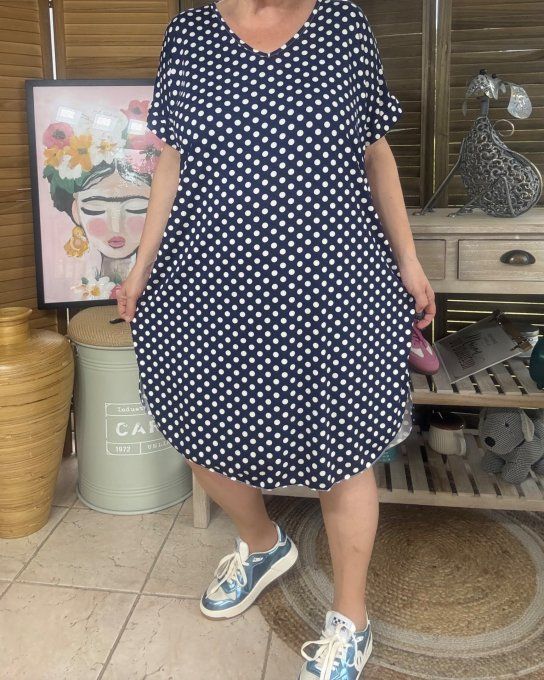Robe courte droite marine à pois blancs  du 36 au 46/48