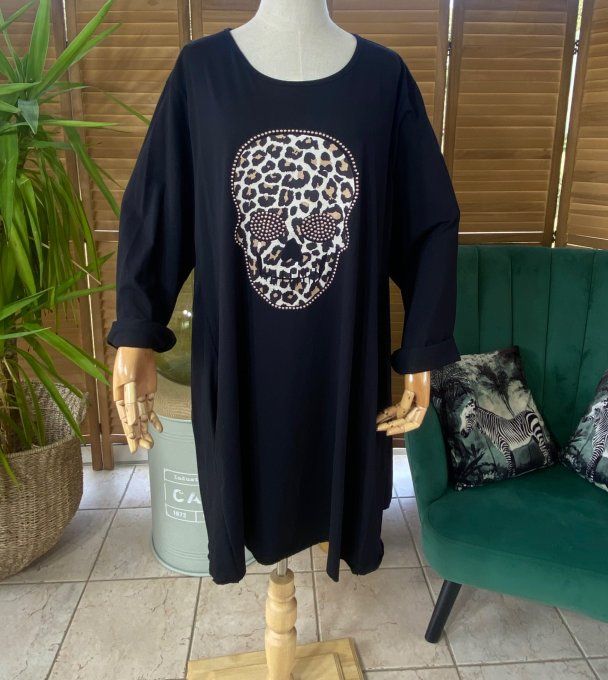 Robe trapèze oversize noire Mexican Skulls Calaveras Léopard & strass du 42 au 54 
