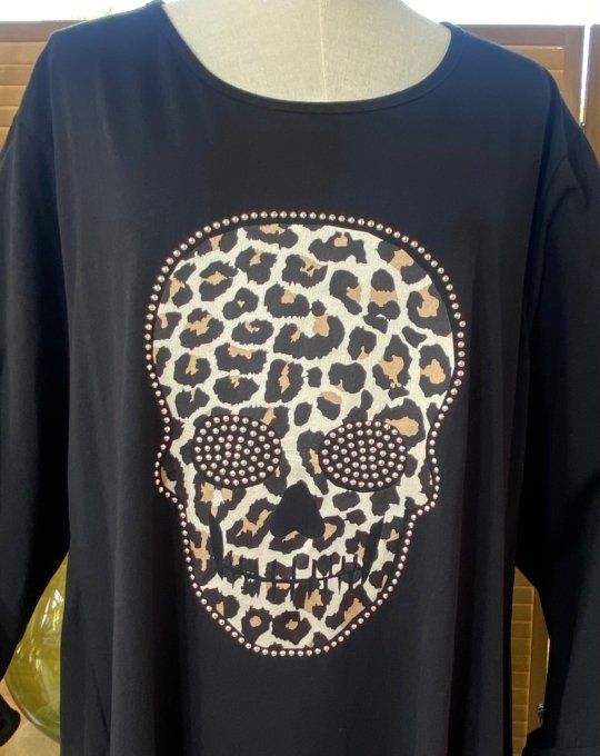 Robe trapèze oversize noire Mexican Skulls Calaveras Léopard & strass du 42 au 54 