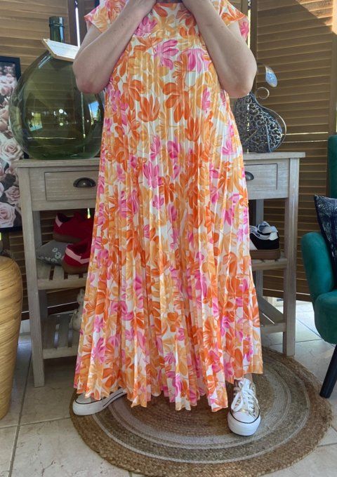 Robe ample longue plissée manches courtes Fleurs Printanières orange & rose du 38 au 48/50
