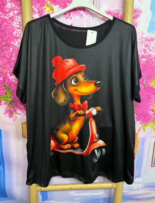 Tee-shirt ample noir manches courtes L'adorable Teckel au bonnet rouge du 40 au 50/52 