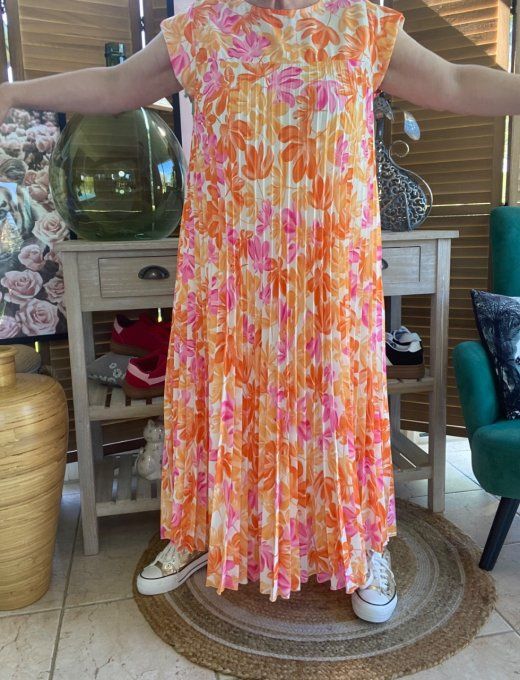 Robe ample longue plissée manches courtes Fleurs Printanières orange & rose du 38 au 48/50
