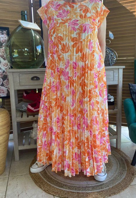 Robe ample longue plissée manches courtes Fleurs Printanières orange & rose du 38 au 48/50