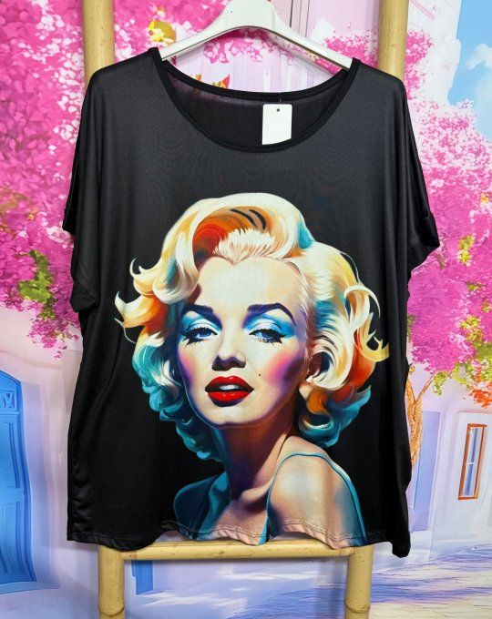 Tee-shirt ample noir manches courtes Marylin Monroe Pinup Blue Mood du 40 au 50/52