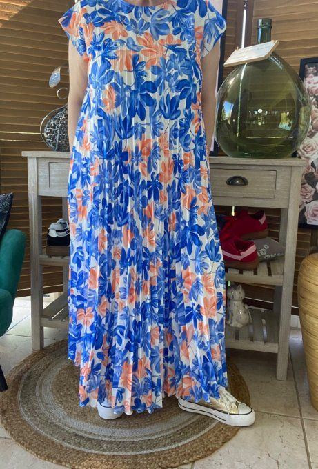 Robe ample longue plissée manches courtes Fleurs Printanières bleu royal & orange du 38 au 48/50 