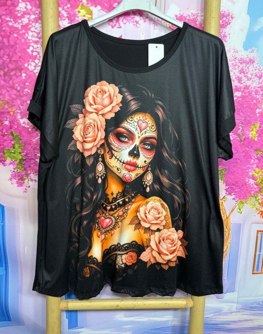 Tee-shirt ample noir manches courtes Beautiful Mexican Calaveras Girl du 40 au 50/52