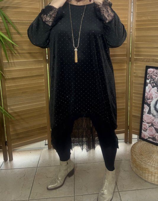 Robe asymétrique mi-longue velours noir dentelle noire strass argentés du 38 au 48/50
