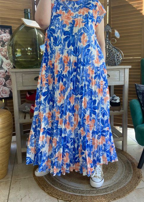 Robe ample longue plissée manches courtes Fleurs Printanières bleu royal & orange du 38 au 48/50 